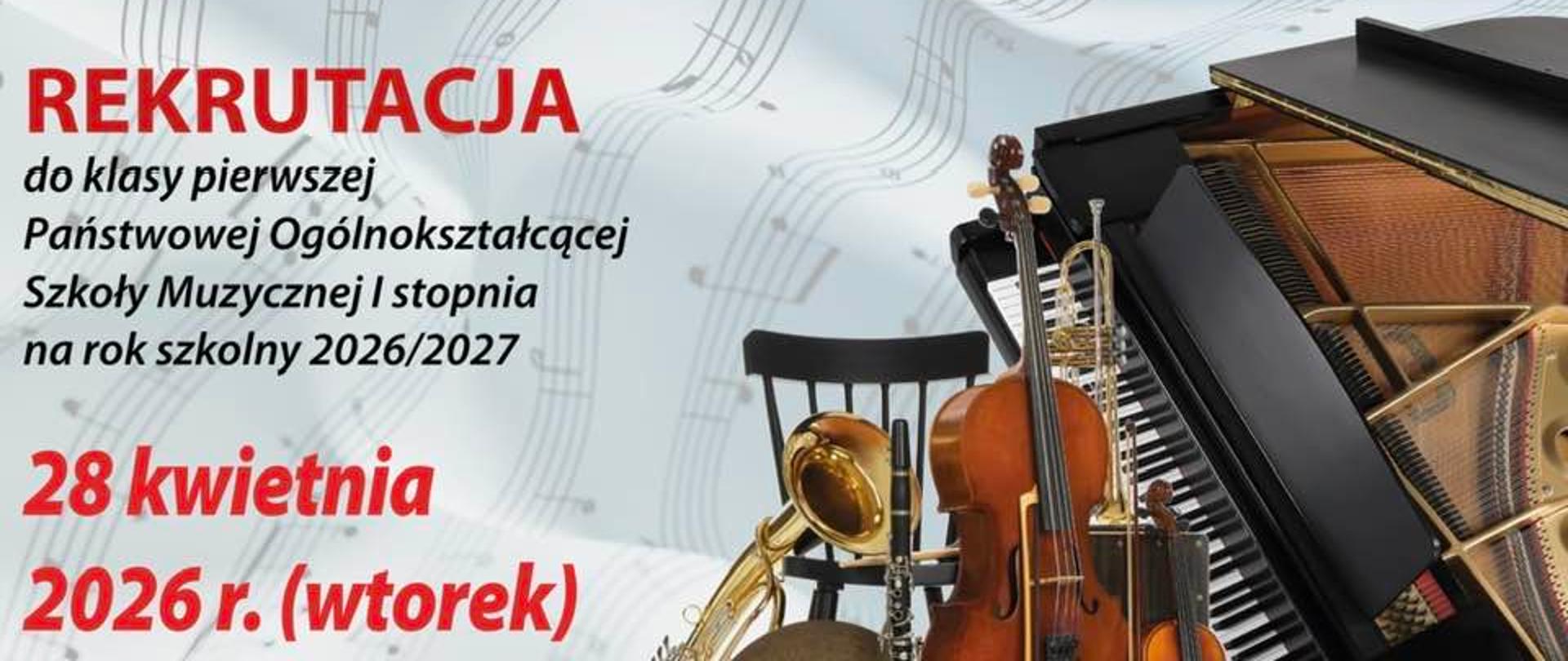 na popielatym tle zestaw instrumentow i infrmacje o rekrutacji