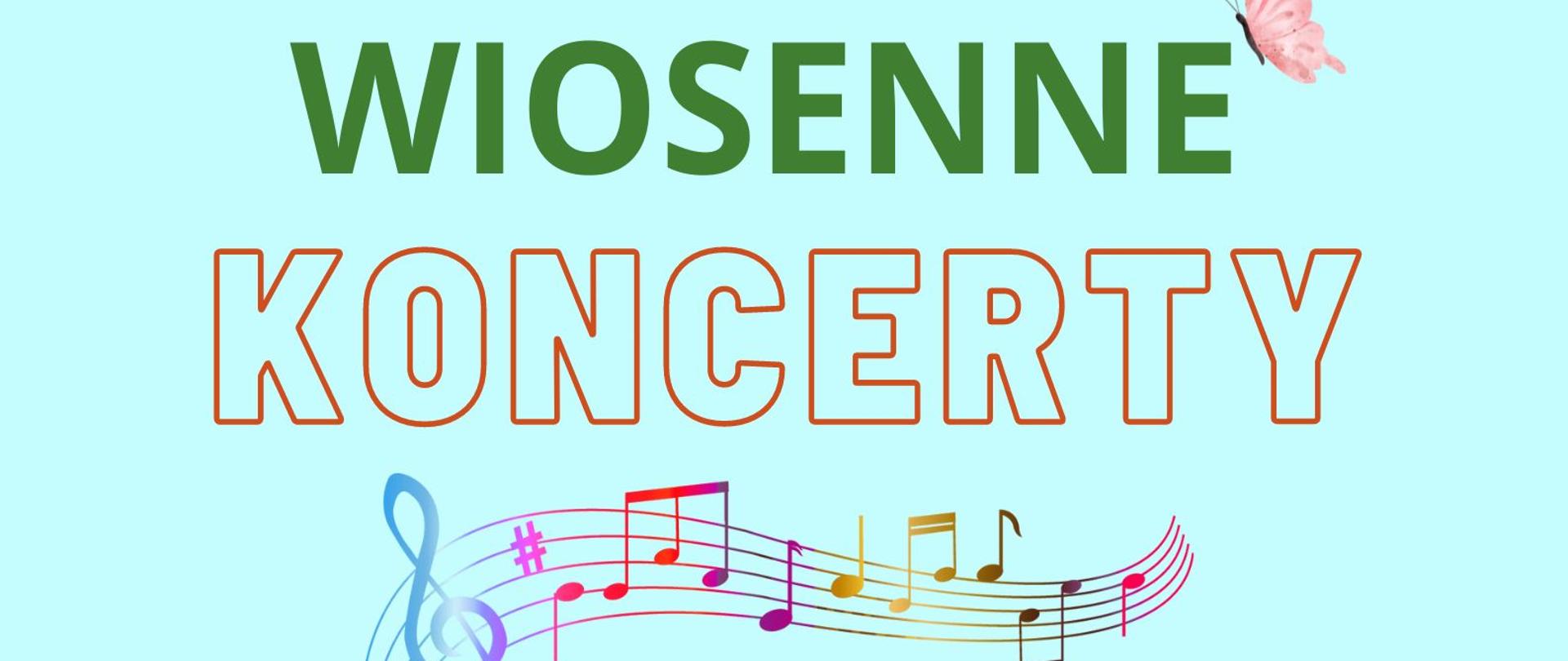 Na jasnoniebieskim tle od góry napis wielkimi i pogrubionymi literami: wiosenny koncert (wiosenny w kolorze zielonym, koncert - kontur czerwony, wypełnienie w kolorze tła). Poniżej kolorowa grafika przedstawiająca klucz wiolinowy i zakręconą pięciolinię z nutkami. Jeszcze niżej grafika przedstawiająca rysunek niebieskiego pianina wśród różowych i fioletowych kwiatów z zielonymi łodyżkami i liśćmi. Na dole zamieszczone zostały informacje o wydarzeniach – dwóch koncertach dla szkół podstawowych: sala koncertowa PSM I st. w Kępnie, Szkoła Podstawowa Nr 1, 18 maja 2023, Szkoła Podstawowa Nr 2, 19 maja 2023. Informacje dla obu szkół oddzielone zostały pionową kreską. Nazwy szkół w kolorze czerwonym, pozostałe napisy w kolorze zielonym. 