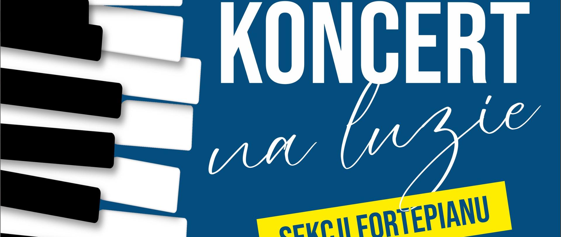 Plakat koncertowy w orientacji pionowej, utrzymany w nowoczesnej stylistyce. Tło plakatu w kolorze głębokiego, ciemnego niebieskiego. Po lewej stronie plakatu, na całej wysokości, znajduje się pionowy fragment klawiatury fortepianu: białe i czarne klawisze przedstawione w perspektywie, z lekkim cieniem, realistyczne, kontrastujące z niebieskim tłem.
W górnej części plakatu, na środku, umieszczone jest logo szkoły muzycznej: kolorowy znak graficzny z motywem nuty i pionowych pasków w kolorach żółtym, pomarańczowym i czerwonym, na tle granatowego prostokąta. Pod logo drobnym białym drukiem widnieje nazwa szkoły (w formie znaku graficznego).
Poniżej logo, dużymi białymi literami, wyśrodkowany tekst:
„PAŃSTWOWA SZKOŁA MUZYCZNA I ST. IM. Z. NOSKOWSKIEGO
ZAPRASZA NA”
Niżej, bardzo dużym, pogrubionym, białym drukiem zapis:
„KONCERT”
Pod słowem „KONCERT”, białym, odręcznym krojem pisma, lekko pochylonym, znajduje się napis:
„na luzie”
Pod tym napisem umieszczony jest żółty, skośny prostokąt z czarnym, pogrubionym tekstem:
„SEKCJI FORTEPIANU”
W dolnej części plakatu, białym, dużym drukiem, wyśrodkowane informacje organizacyjne:
„22 STYCZNIA 2026”
„GODZ. 16:30”
„AULA PSM KRZESZOWICE”
Na samym dole plakatu, wyraźnie wyróżniony żółtym kolorem tekst:
„WSTĘP WOLNY”
Całość kompozycji łączy kontrastujące barwy: ciemnoniebieskie tło, białą typografię, czarno-białą klawiaturę fortepianu oraz żółte akcenty informacyjne, nadając plakatowi nowoczesny, czytelny i muzyczny charakter.