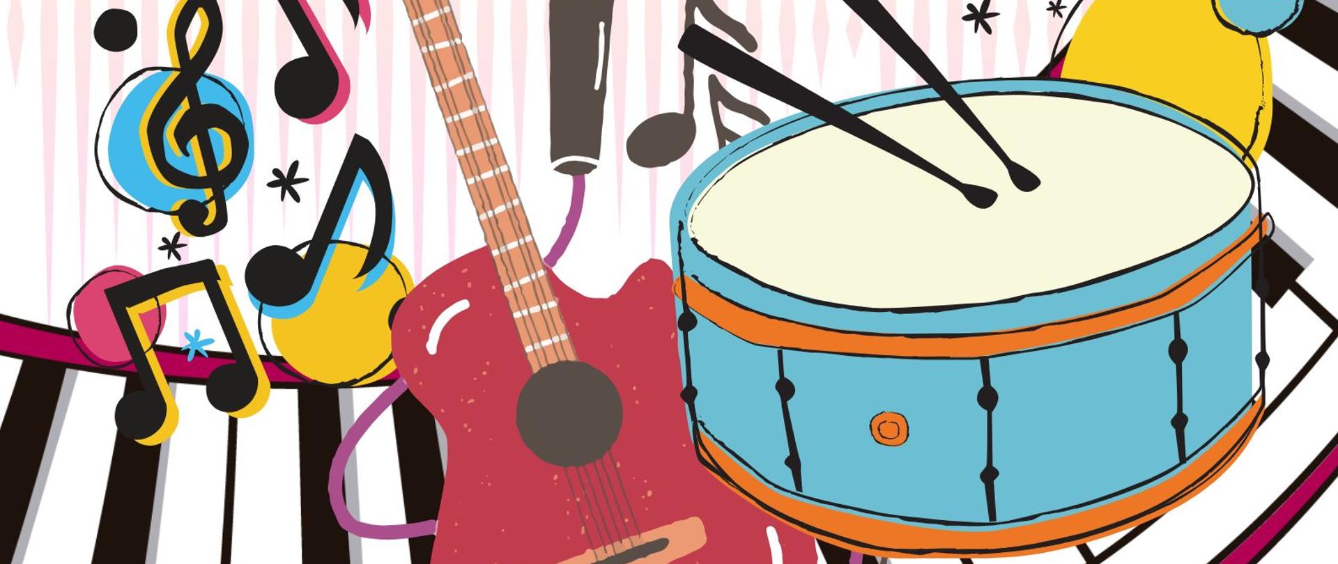 Białe tło z grafiką kolorowych instrumentów, logo szkoły, tekst dotyczący koncertu z okazji Międzynarodowego Dnia Muzyki 6.10.2026 o godz. 17.30