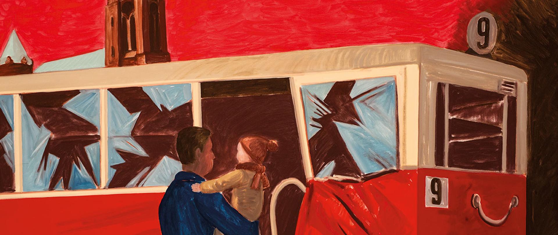 Obraz autorstwa Jarosława Modzelewskiego, przedstawiający rozbity tramwaj