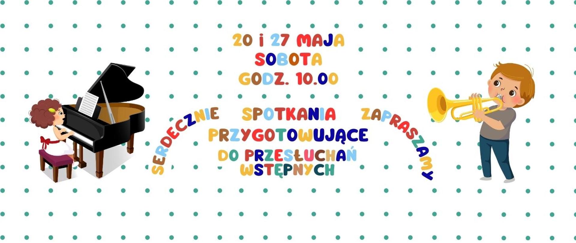 Na białym tle z zielonymi akcentami widać napis informujący o wydarzeniu. Po bokach dzieci z instrumentami - fortepianem i trąbką. 