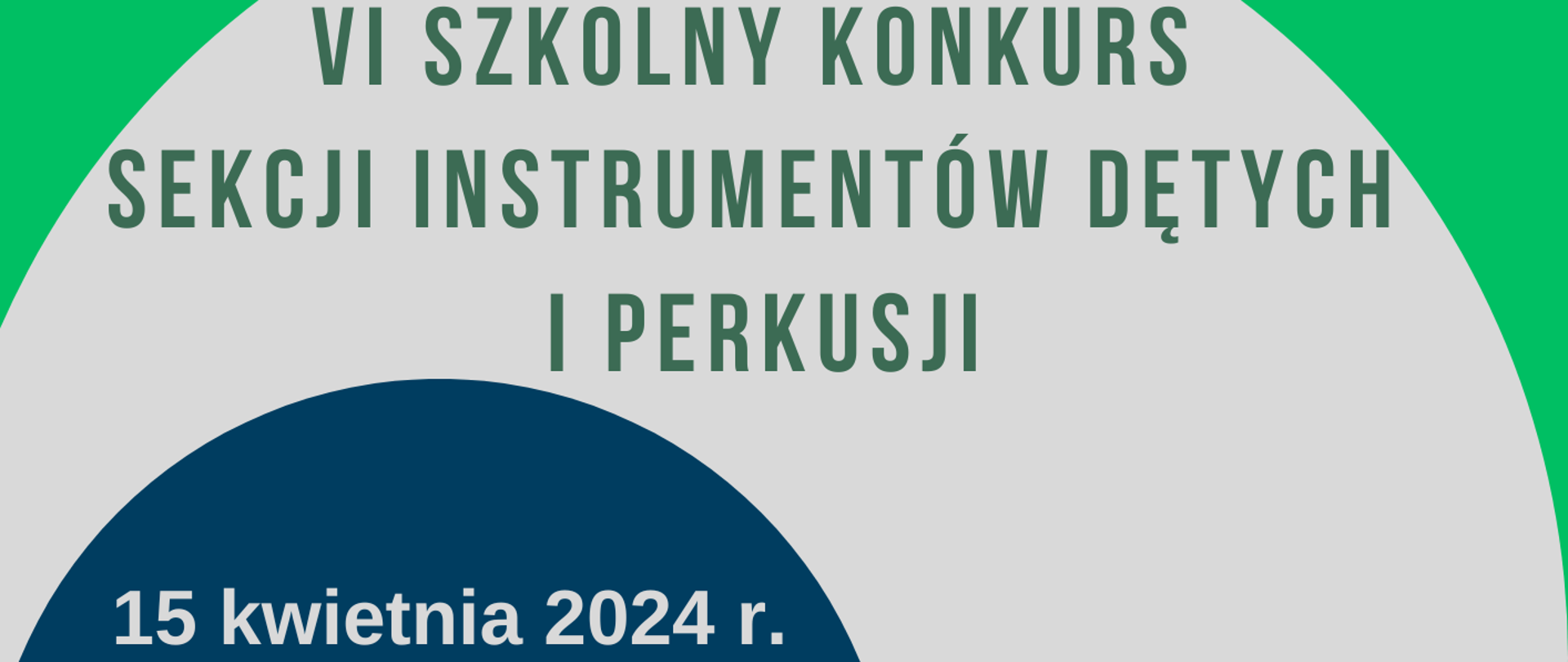Plakat konkursu. Na zielonym tle po środku duże szare koło, a w nim małe granatowe koło. Na górze plakatu logo szkoły i napis Państwowa Szkoła Muzyczna I i II stopnia im. F. Chopina w Sochaczewie. W szarym kole biały napis VI szkolny konkurs sekcji instrumentów dętych i perkusji. Na tle granatowego koła data i miejsce konkursu: 15 kwietnia 2024 r., sala koncertowa, godz. 10.00-18.00. Na dole plakatu z prawej strony czarna grafika saksofonisty grającego. Z czary instrumentu wylatują czarne nuty
