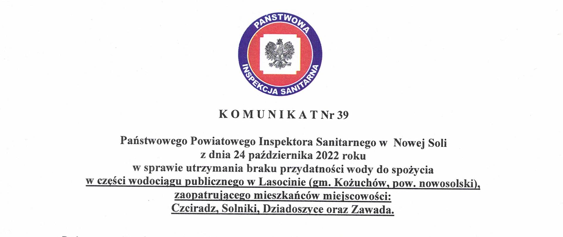 Komunikat nr 39 brak przydatności dla części wodociągu Lasocin