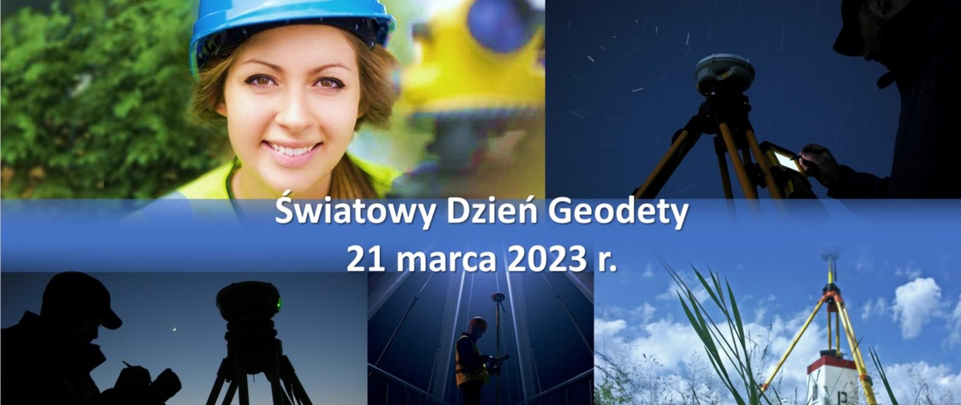 Ilustracja przedstawia grafikę ukazującą geodetów w różnych sytuacjach w pracy z napisem "Światowy Dzień Geodety 21 marca 2023 r." 