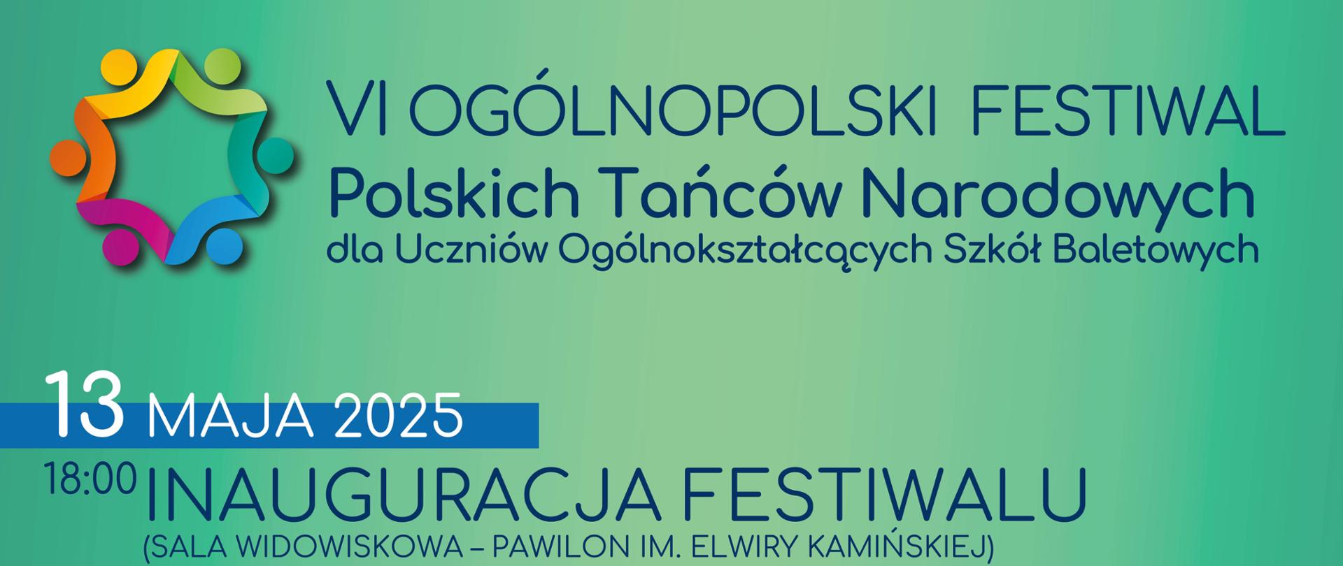 plakat VI Ogólnopolskiego Festiwalu Polskich Tańców Narodowych w Koszęcinie. Na zielonym tle logo Festiwalu oraz grafika z rozpisanym godzinowym planem wydarzenia.