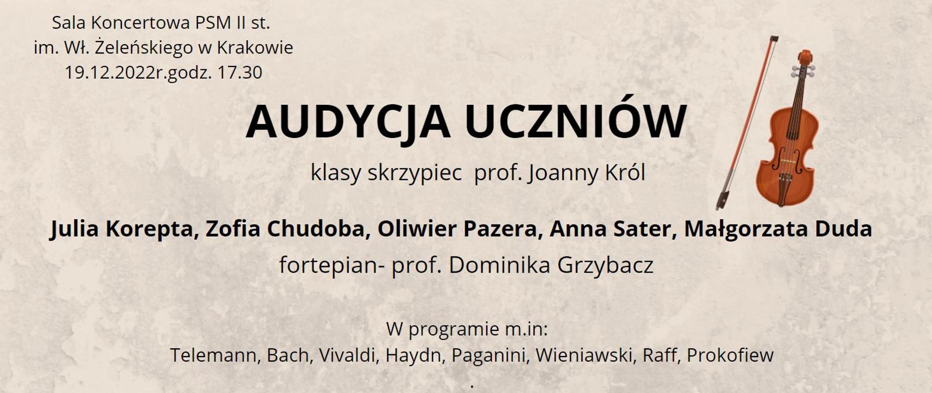 na szarym tle napis audycja uczniów klasy skrzypiec w dniu 19.12.2022 godz. 17.30 grafika po prawej stronie skrzypce
