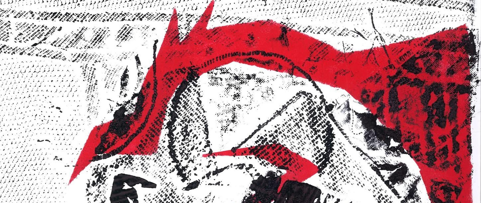 Grafika czarno-czerwona, częściowo przedstawiająca. W abstrakcyjny sposób przedstawiona istota, która fragmentami przypomina ptaka lub smoka