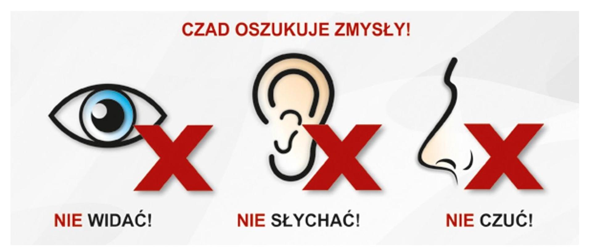 Grafika przedstawiająca właściwości czadu: nie widać, nie słychać i nie czuć