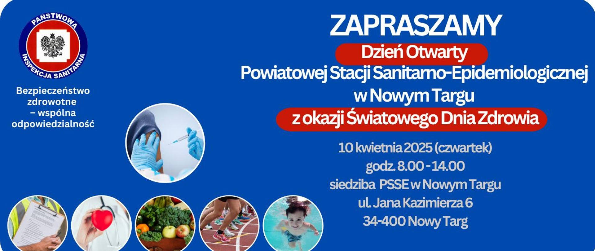 Grafika promująca dzień otwarty w PSSE Nowy Targ z datą i miejscem wydarzenia 
