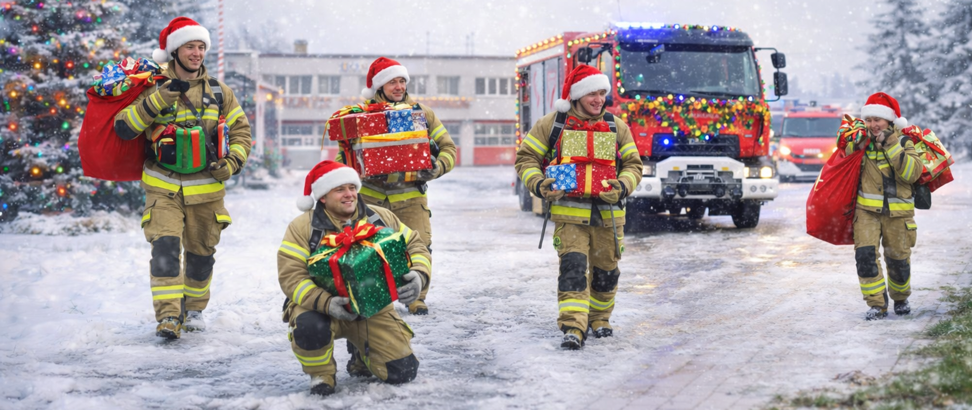 Zdjęcie przedstawia strażaków w czapkach św. Mikołaja niosących prezenty, w tle samochody pożarnicze i remiza strażacka.