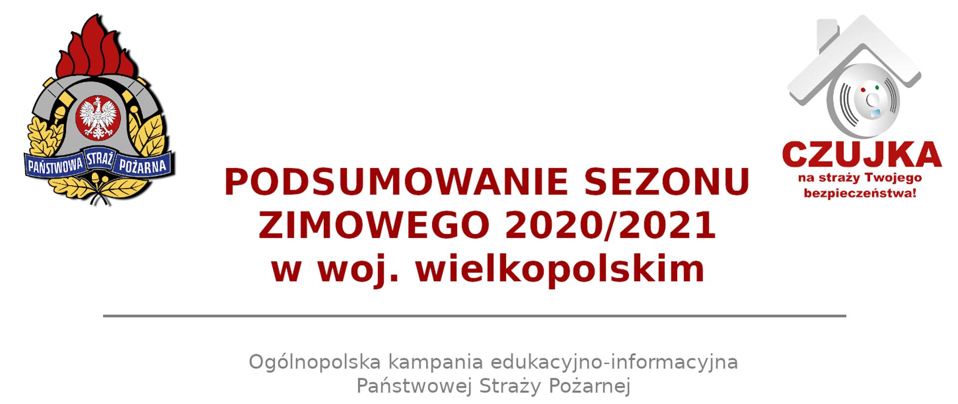 Baner z napisem "Podsumowanie sezonu zimowego 2020/2021 w woj. wielkopolskim" z logotypami Państwowej Straży Pożarnej oraz kampanii "Czujka na straży Twojego Bezpieczeństwa!"