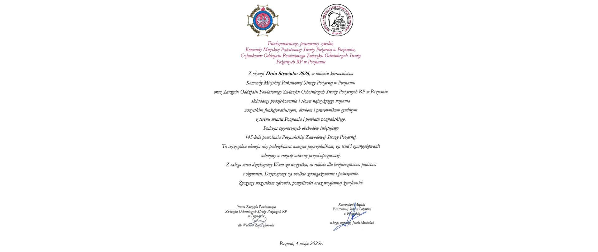 Życzenia Komendanta Miejskiego Państwowej Straży Pożarnej oraz Prezesa Ochotniczych Straży Pożarnych w Poznaniu z okazji Dnia Strażaka