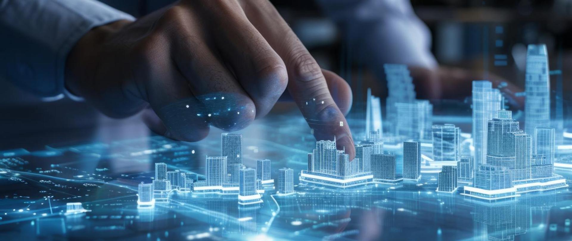 Wirtualna makieta miasta, podświetlona na niebiesko. W centralnej części dłoń mężczyzny, która wskazuje na budynki umieszone na makiecie.
