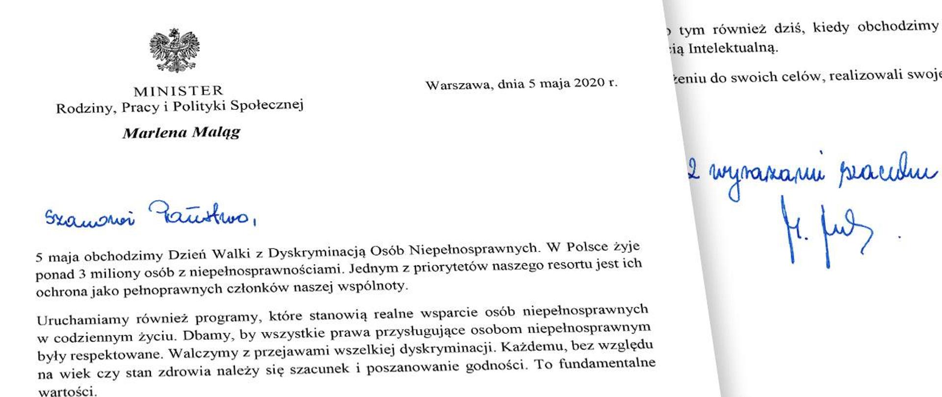 Życzenia Minister Marleny Maląg z okazji dnia osób niepełnosprawnych