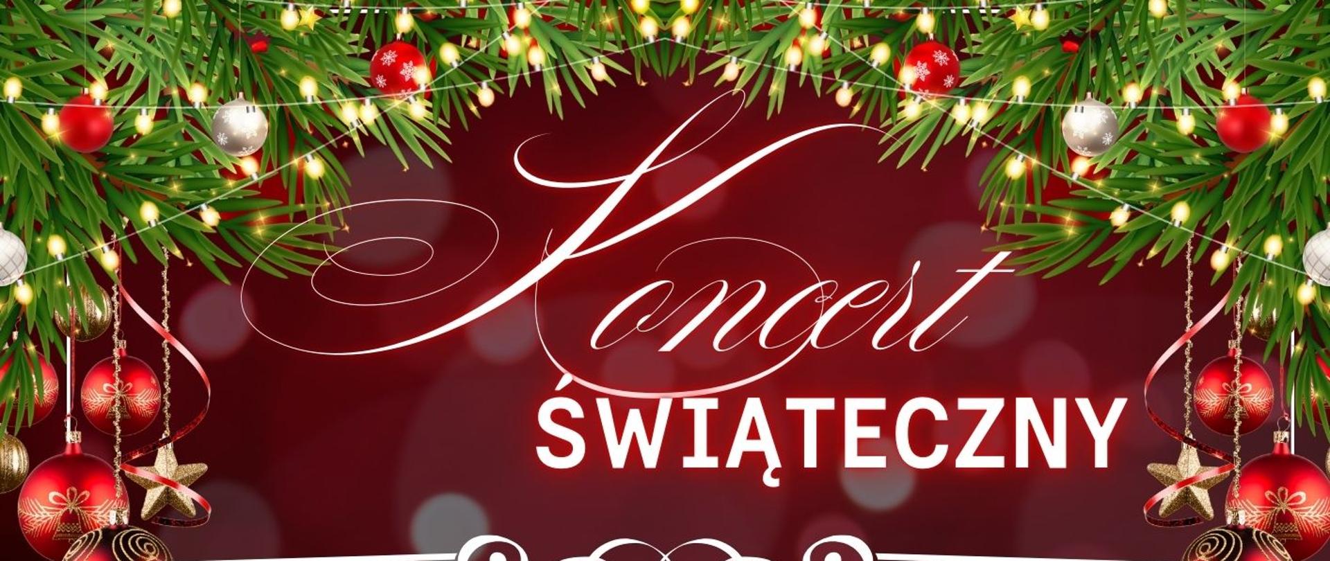 bordowe tło plakatu, zielone choinki dookoła i białe napisy informujące o wydarzeniu