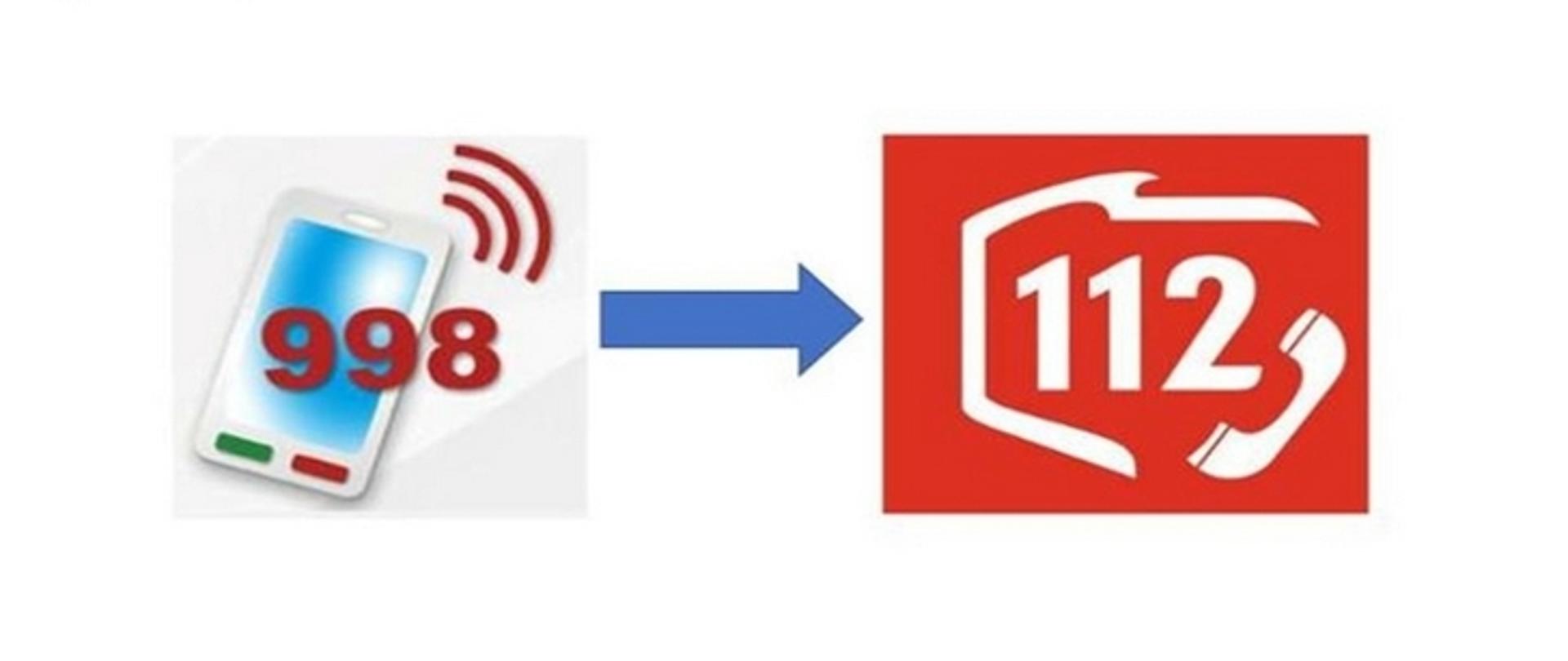Zdjęcie stanowi kolorową grafikę, na której widnieje z lewej strony symbol telefonu komórkowego, a przed nim numer 998. Z prawej strony biało-czerwona grafika z numerem 112.