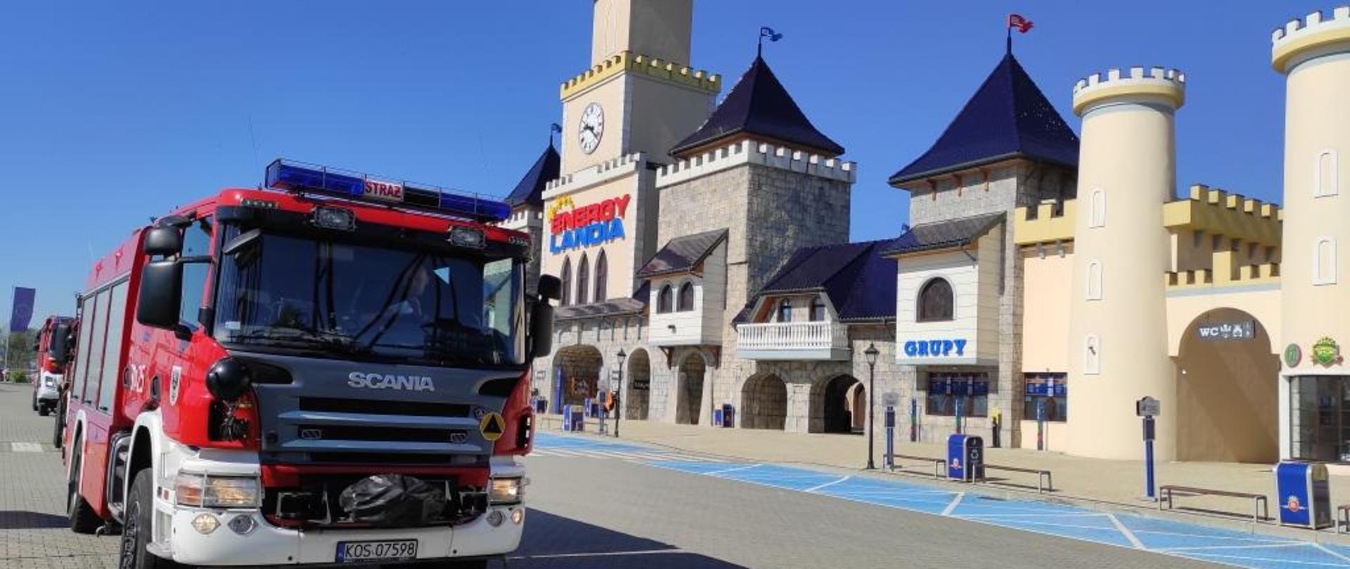 Zastęp gaśniczy JRG Oświęcim w tle główne wejście do parku rozrywki.