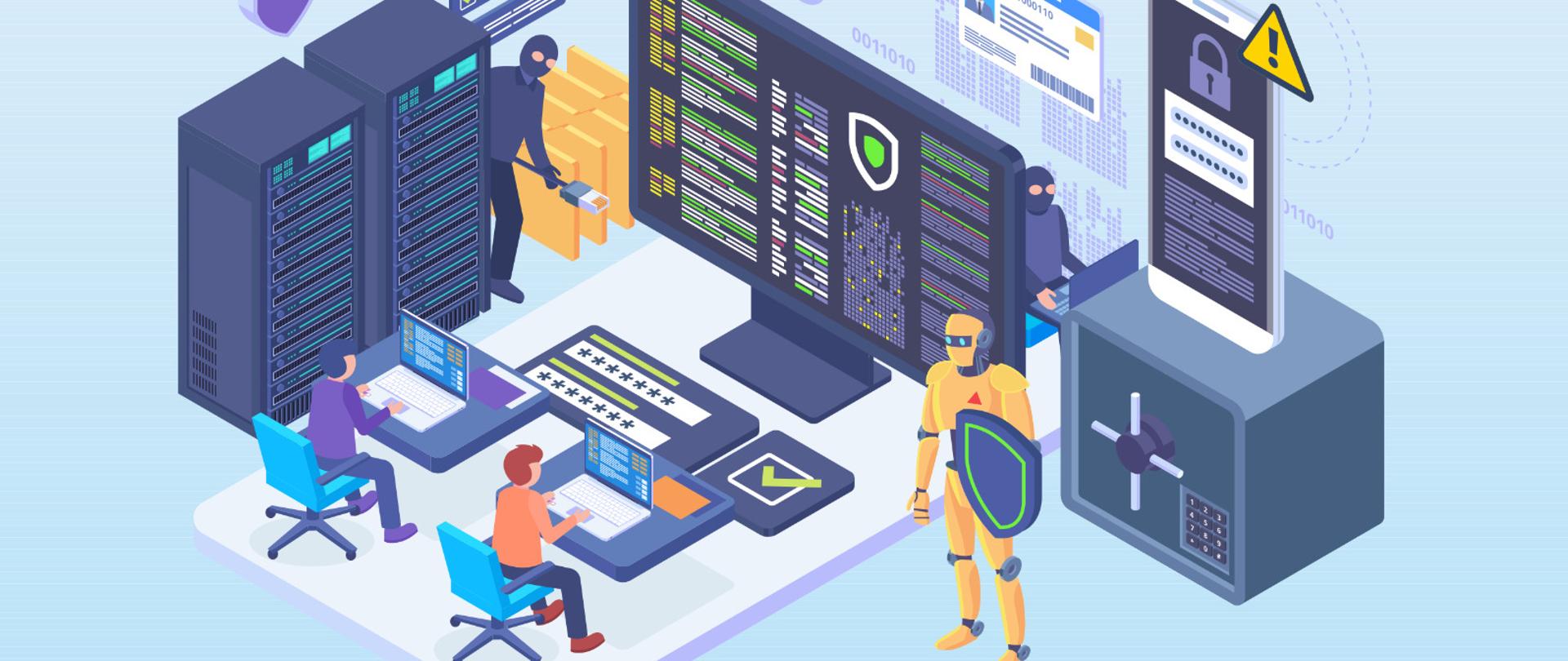 Animowana grafika przedstawiająca postacie korzystające z komputerów - obok nich postać ubrana w żółty kombinezon z tarczą w ręku 