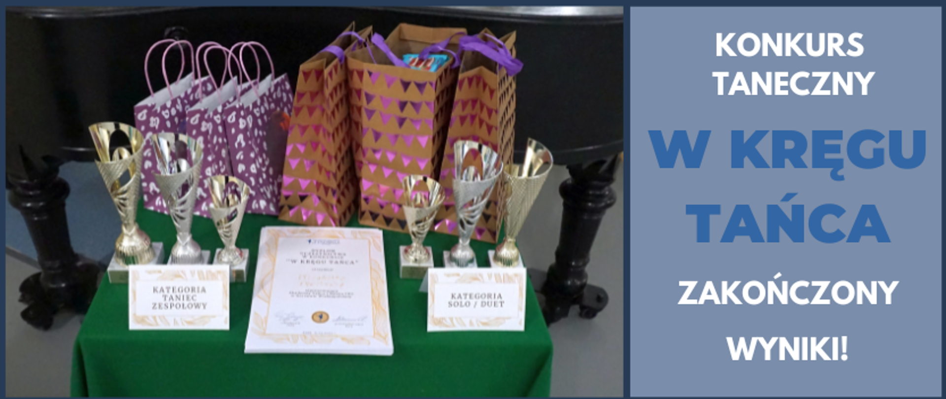 grafika: statuetki, nagrody i dyplomy w konkursie "W kręgu tańca" ustawione na stole z zielonym suknem. Obok napis: konkurs taneczny "W kręgu tańca" zakończony, Wyniki.