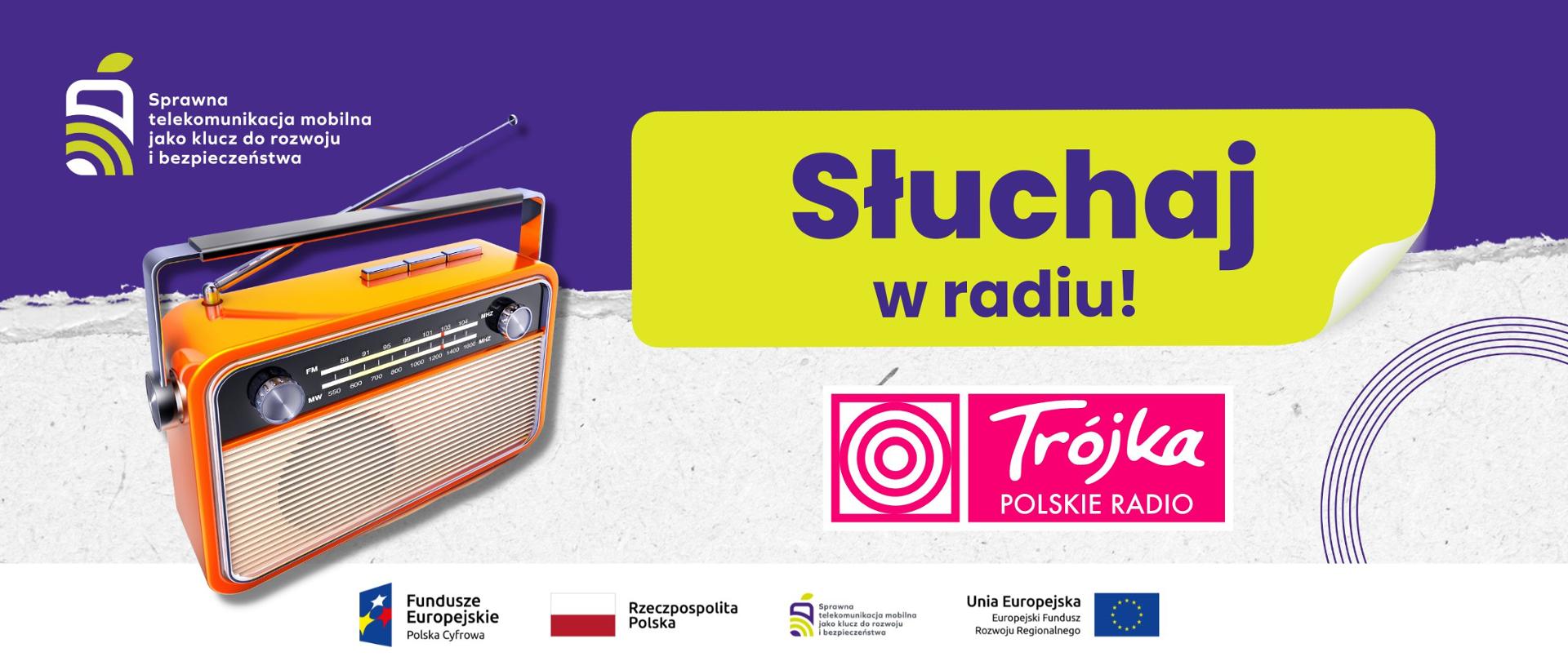 Grafika przedstawia napis Słuchaj w radiu! oraz logotyp Trójka Polskie Radio.