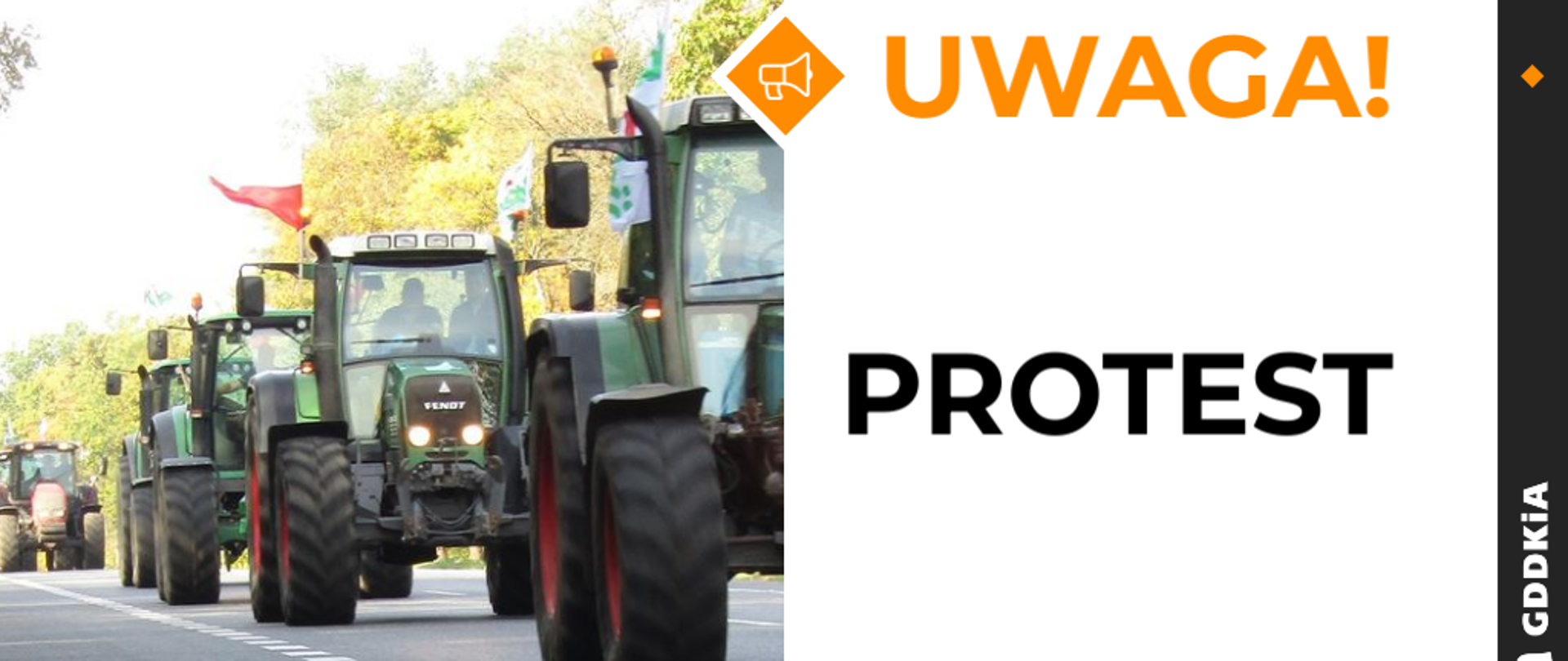 Kolumna ciągników poruszająca się po drodze. Pojazdy mają zawieszone flagi. 