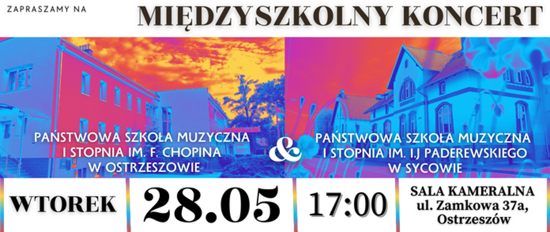 kolorowy plakat z grafiką przedstawiająca 2 budynki szkół w Ostrzeszowie i Sycowie.