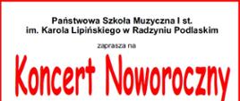 Banner z informacjami dotyczącymi koncertu z grafiką przedstawiającą dzieci w zimowych strojach grające na instrumentach przy choince