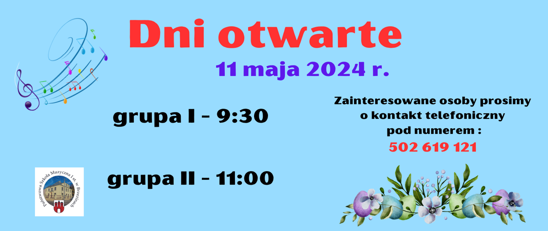 Grafika na niebieskim tle przedstawia informacje dotyczące dni otwartych w PSM Brzeziny. W lewym dolnym rogu logo szkoły.