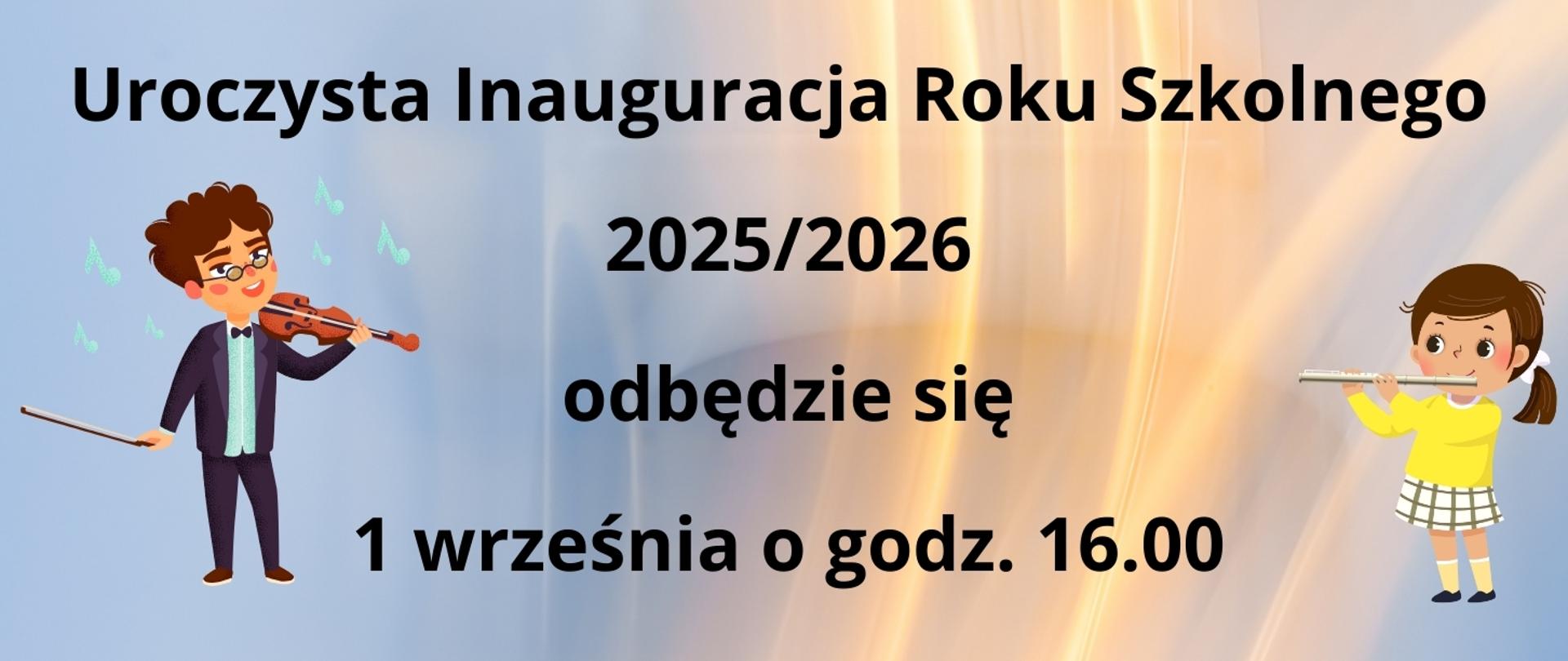 Na kolorowym tle: data i godz. rozpoczęcia uroczystości. Po lewej stronie rysunek przedstawiający postać skrzypka, po lewej stronie stronie flecistki. 