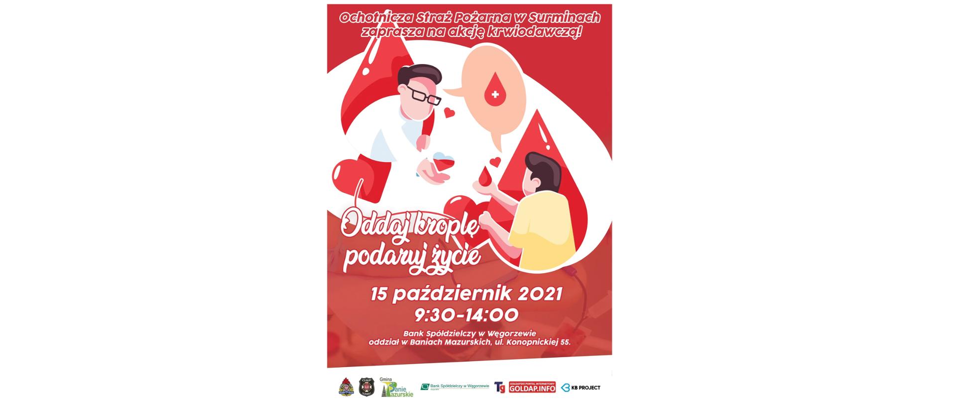 Zdjęcie przedstawia plakat akcji krwiodawstwa zaprojektowany przez OSP Surminy