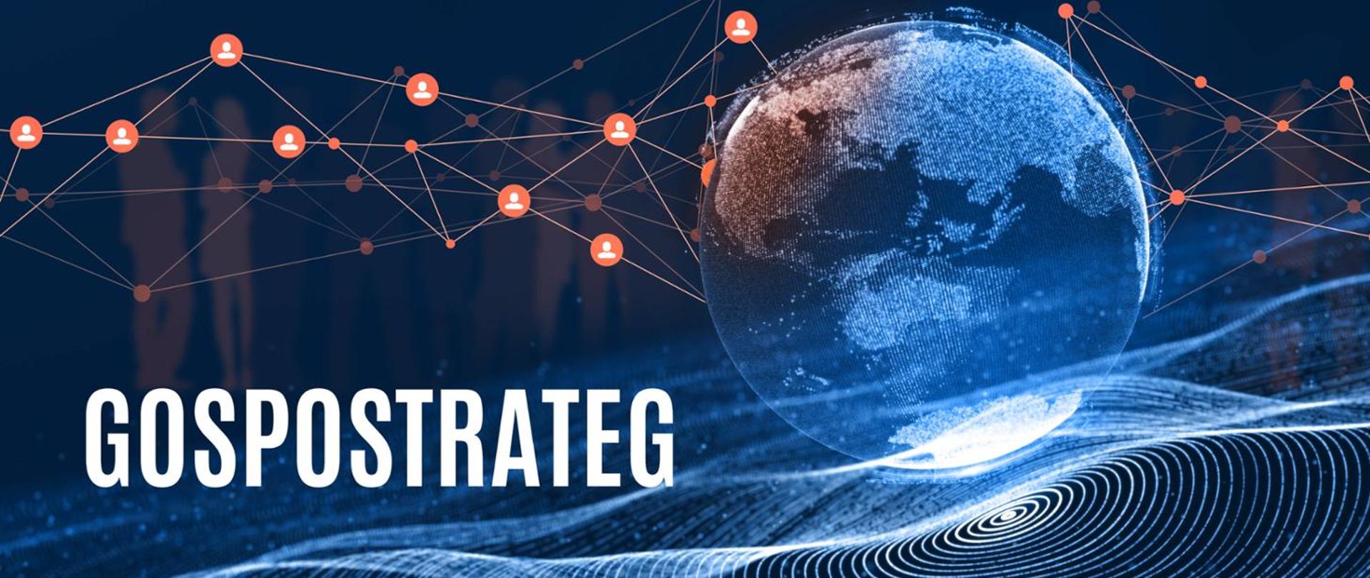Grafika - kula ziemska na niebieskim tle i napis GOSPOSTRATEG.