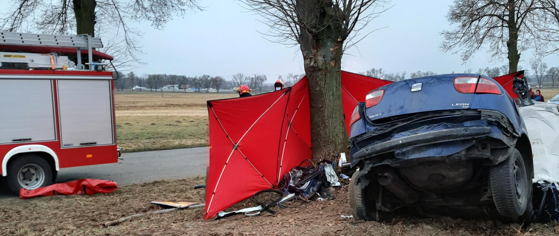 Zdjęcie przedstawia wypadek samochodowy. Na zdjęciu z lewej strony widać tył samochodu strażackiego ustawionego bokiem do fotografa. Na środku zdjęcia widać drzewo, które znajduje się wzdłuż drogi, obok drzewa znajduje się rozwalony granatowy samochód osobowy oraz rozstawiony parawan strażacki, który ma zasłaniać miejsce wypadku od strony drogi.