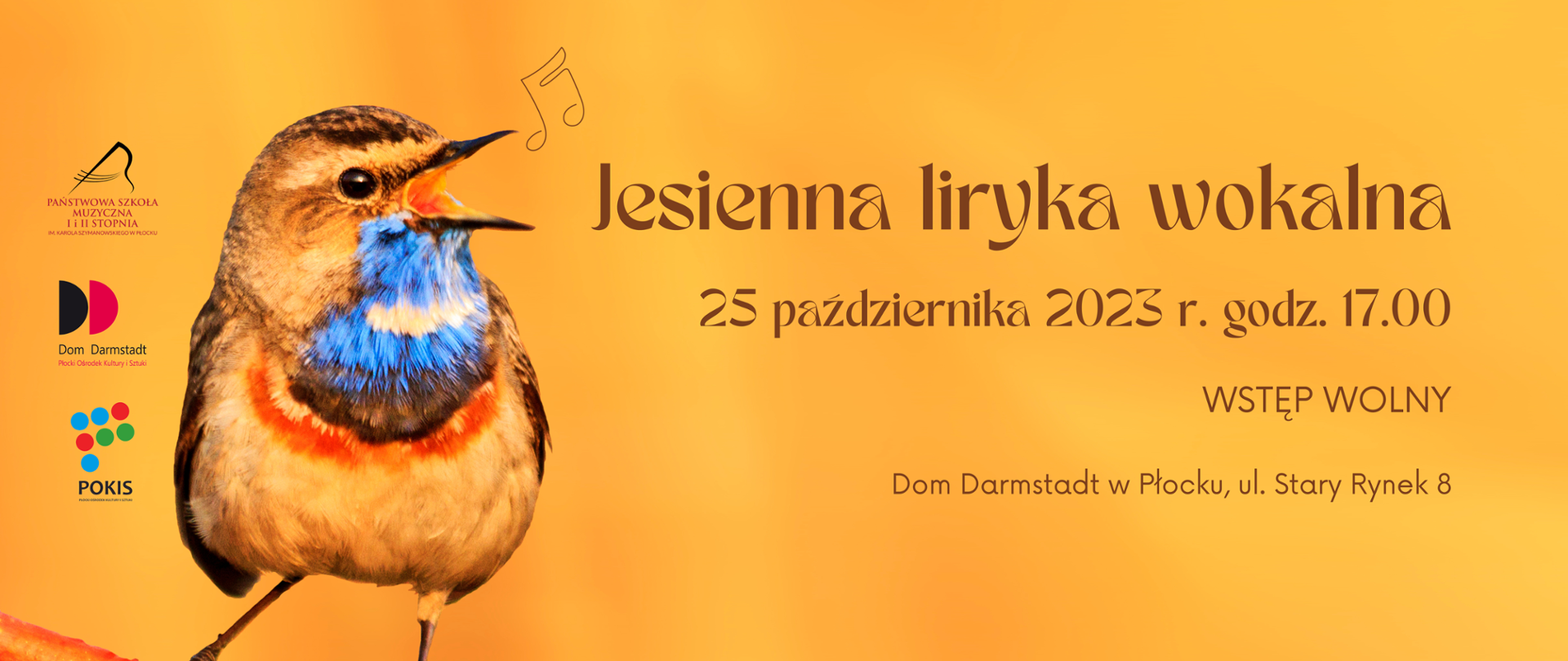 Na pomarańczowym, ciepłym tle - po lewej stronie grafiki - ptak z otwartym dziobkiem, z którego unosi się nuta. Przy lewej krawędzi od góry logotypy. Po prawej stronie grafiki tytuł koncertu, data, miejsce.