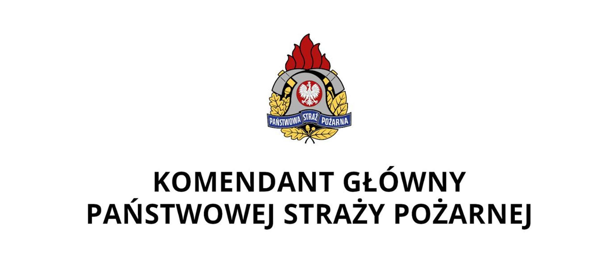 Ilustracja przedstawia na białym tle, na środku u góry kolorowy logotyp Państwowej Straży Pożarnej. Poniżej napis Komendant Główny Państwowej Straży Pożarnej. w prawym dolnym rogu napis KW PSP Katowice