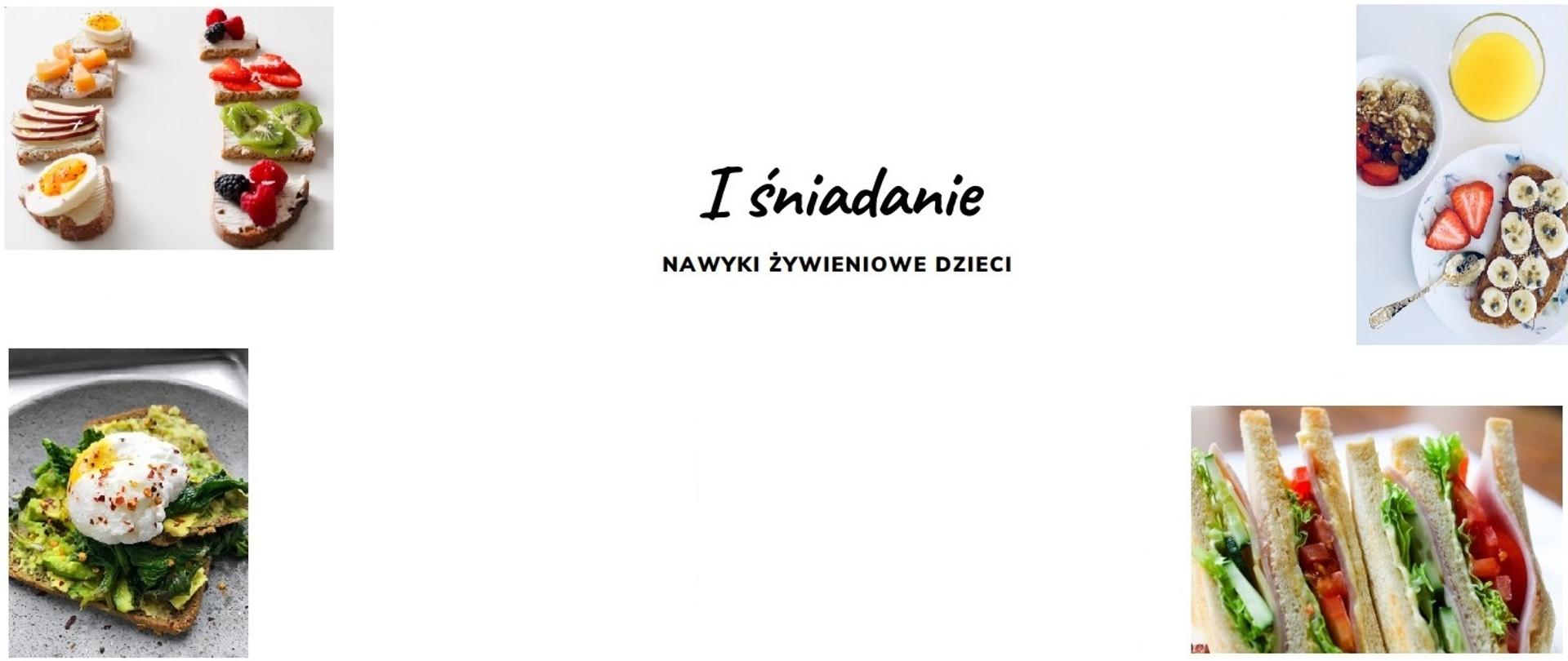 Zdjęcie przedstawia cztery propozycje śniadań dla dzieci w wieku wczesnoszkolnym, tj. kanapeczki z szynką i sałatą orz pomidorem, musli, świeżo wysikany sok z pomarańczy