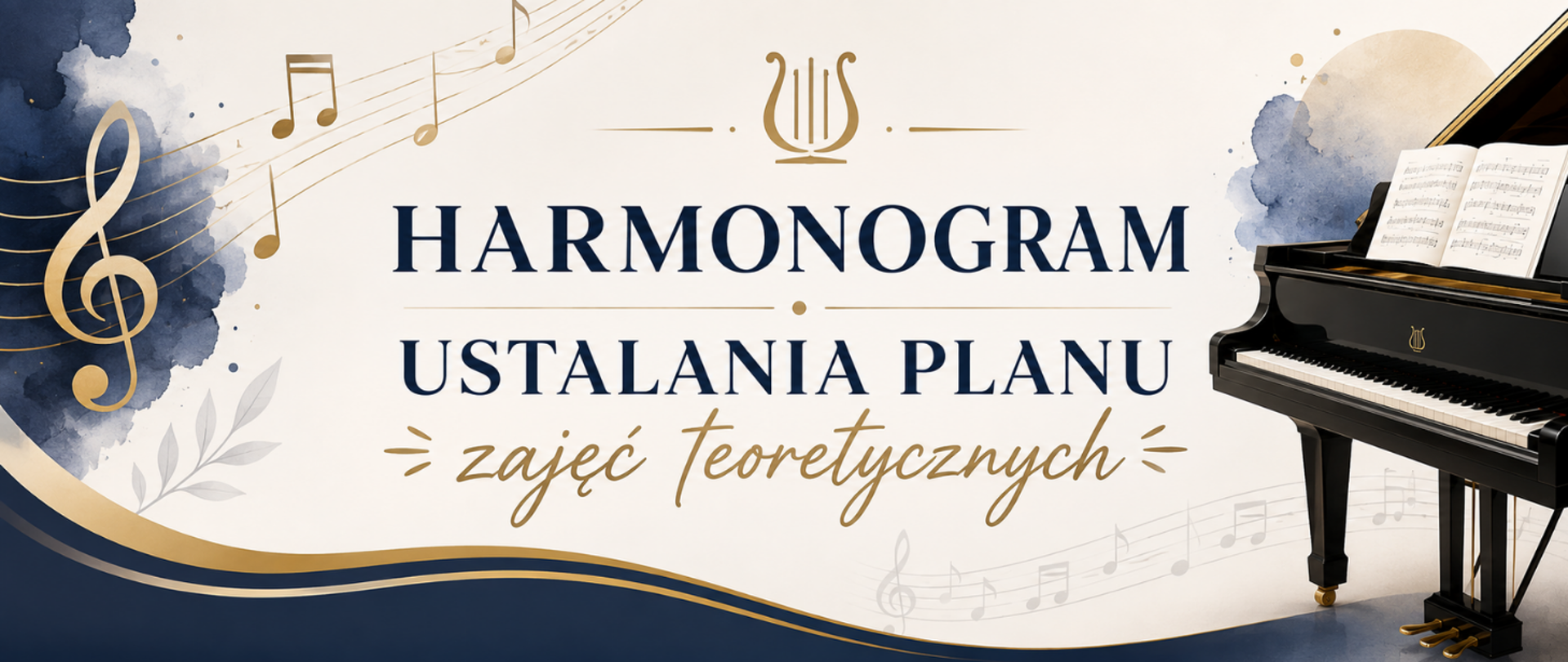 Elegancki baner szkoły muzycznej na jasnym tle z granatowo-złotymi akcentami. Pośrodku widnieje duży napis „HARMONOGRAM USTALANIA PLANU zajęć teoretycznych”. Po lewej stronie znajduje się złoty klucz wiolinowy oraz motywy nut i pięciolinii, a po prawej czarny fortepian z otwartym zeszytem nutowym. Całość utrzymana jest w klasycznej, estetycznej stylistyce nawiązującej do edukacji muzycznej.