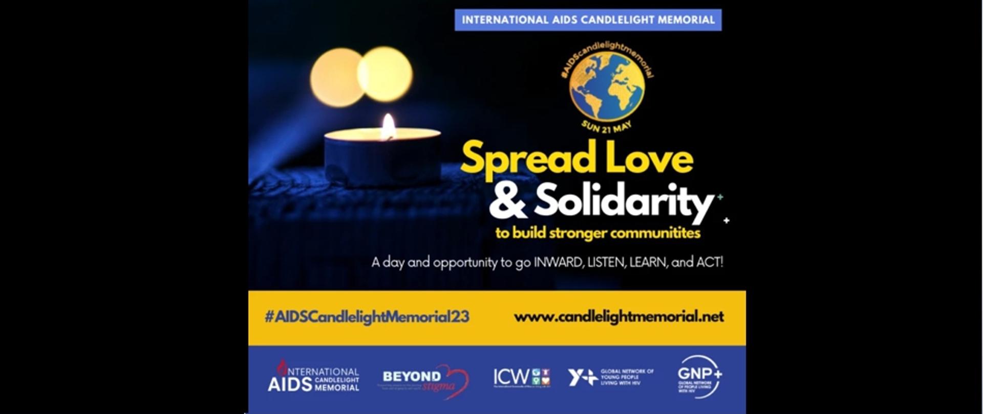 Na zdjęciu znajduje się świeczka oraz napis w języku angielskim dotyczący Międzynarodowy Dzień Pamięci o Zmarłych na AIDS 