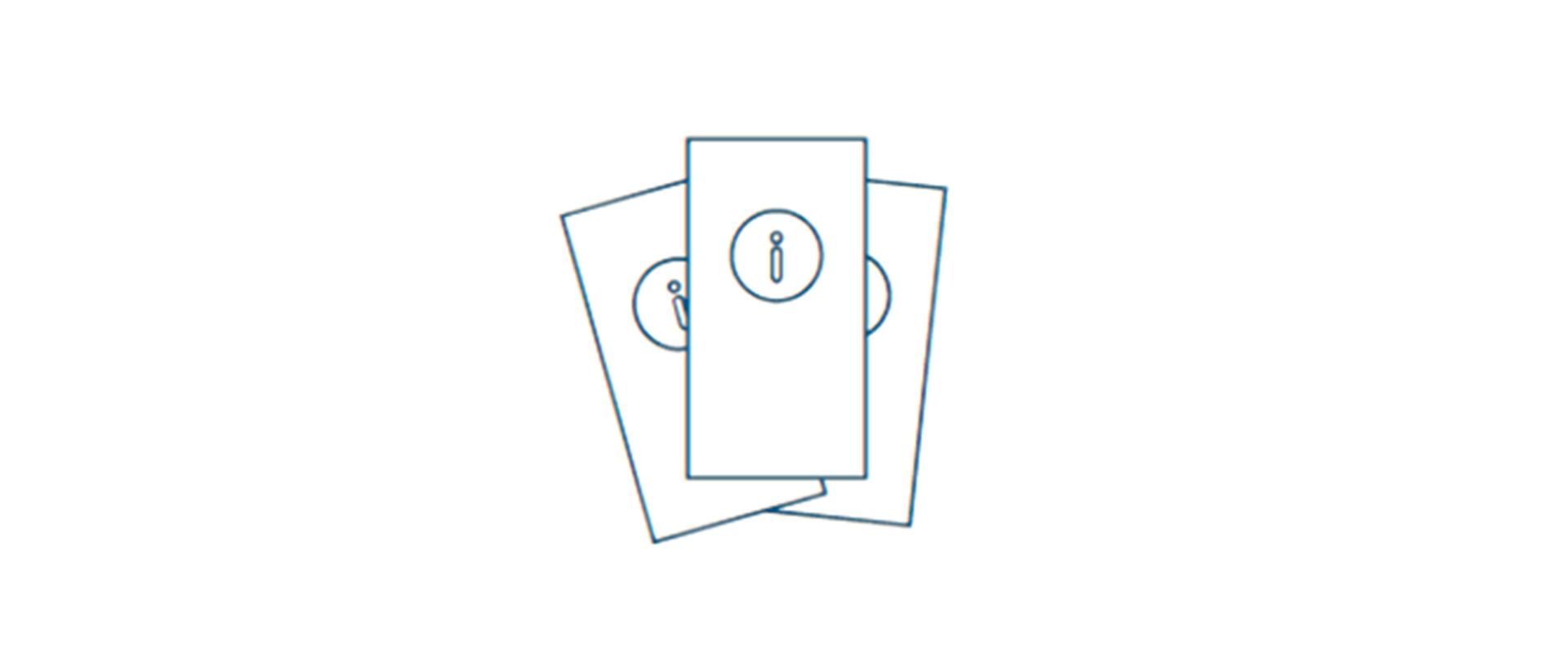 Rysunkowa grafika poglądowa przedstawiająca trzy ulotki ze znakiem "I" 