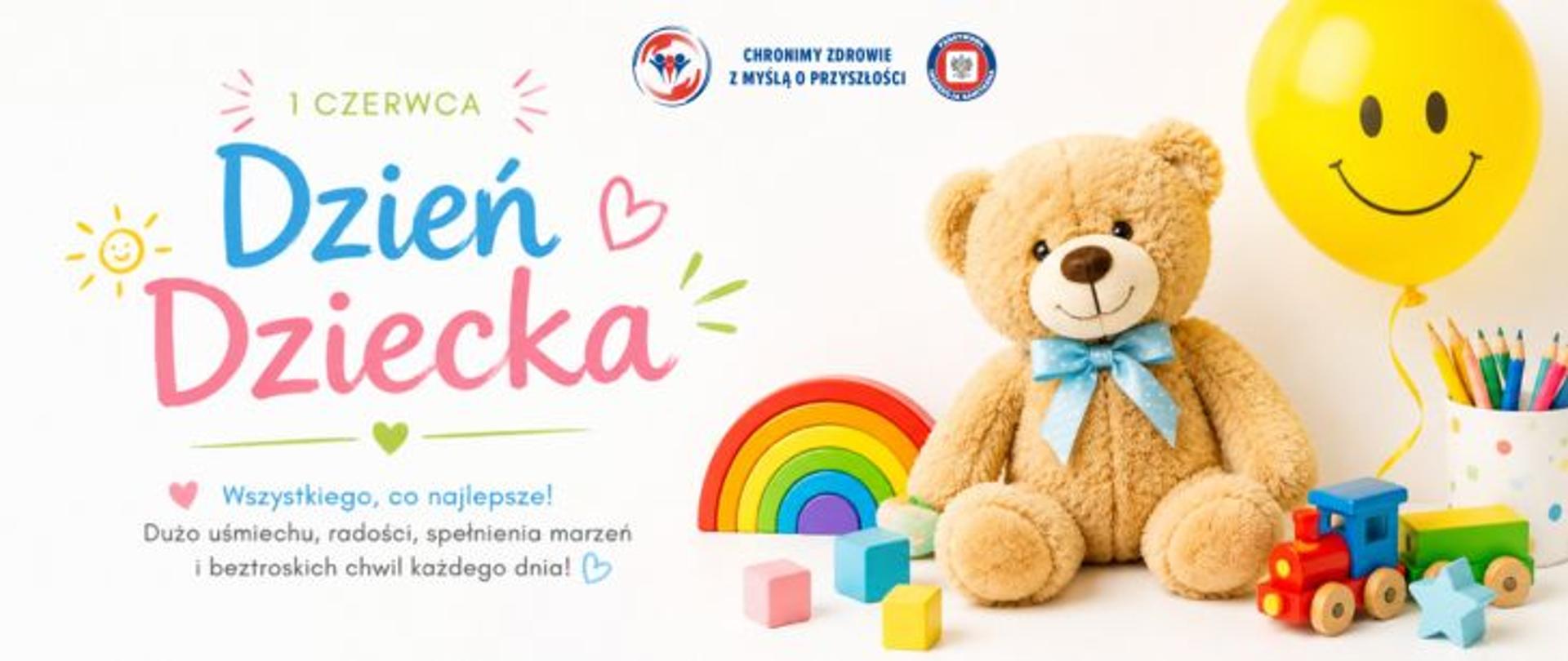 Na jasnym tle po prawej stronie żółty balonik, na nim ciemne oczy i ciemny uśmiech. Obok jasny kubek z kolorowymi kredkami. Po lewej od kubka kolorowy drewniany pociąg. Obok po lewej jasno brązowy miś z niebieska kokardką. Po lewej od misia kolorowa tęcza z klocków drewnianych. U góry na środku logo Państwowej Inspekcji Sanitarnej wraz z hasłem: chronimy zdrowie z myślą o przyszłości. Po lewej stronie kolorowy napis „1 czerwca Dzień Dziecka” oraz życzenia: „Wszystkiego, co najlepsze! Dużo uśmiechu, radości, spełnienia marzeń i beztroskich chwil każdego dnia!”