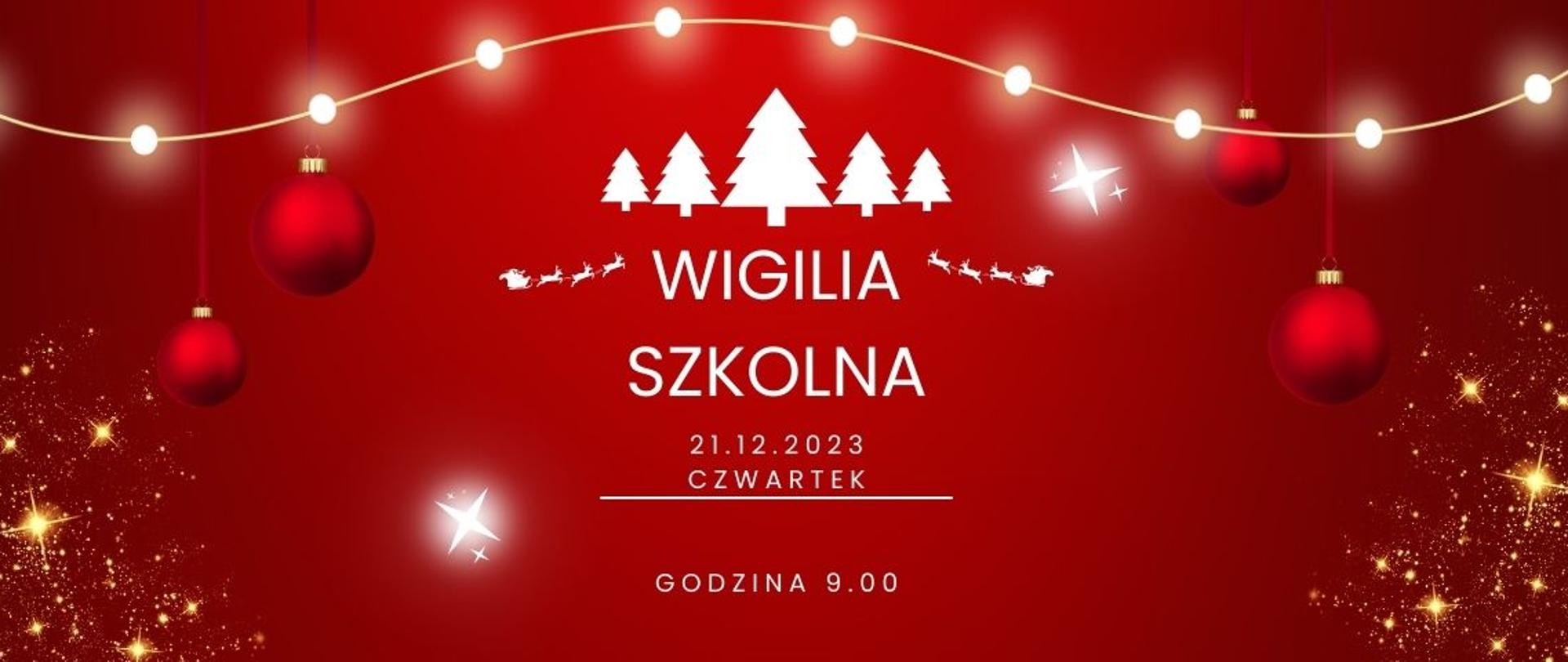 Zapowiedź Wigilii Szkolnej, plakat. Napis, czerwone tło, bombki, kształty srebrnych choinek. 