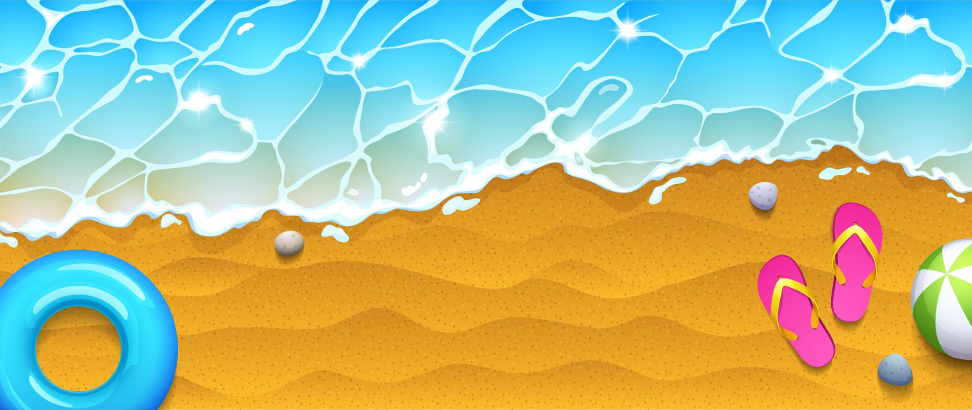 Sea beach top view, coastline with slippers, ball and inflatable ring on sand with blue foamy wave splashing. Summer vacation, holidays on ocean shore with clean water surface, 3d vector background