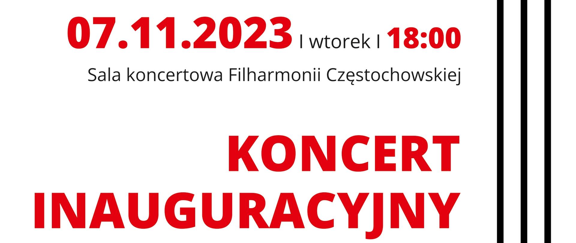 Na białym tle informacje dotyczące koncertu inaugurującego V Międzynarodowy Konkurs Skrzypcowy Muzyki Polskiej w Częstochowie