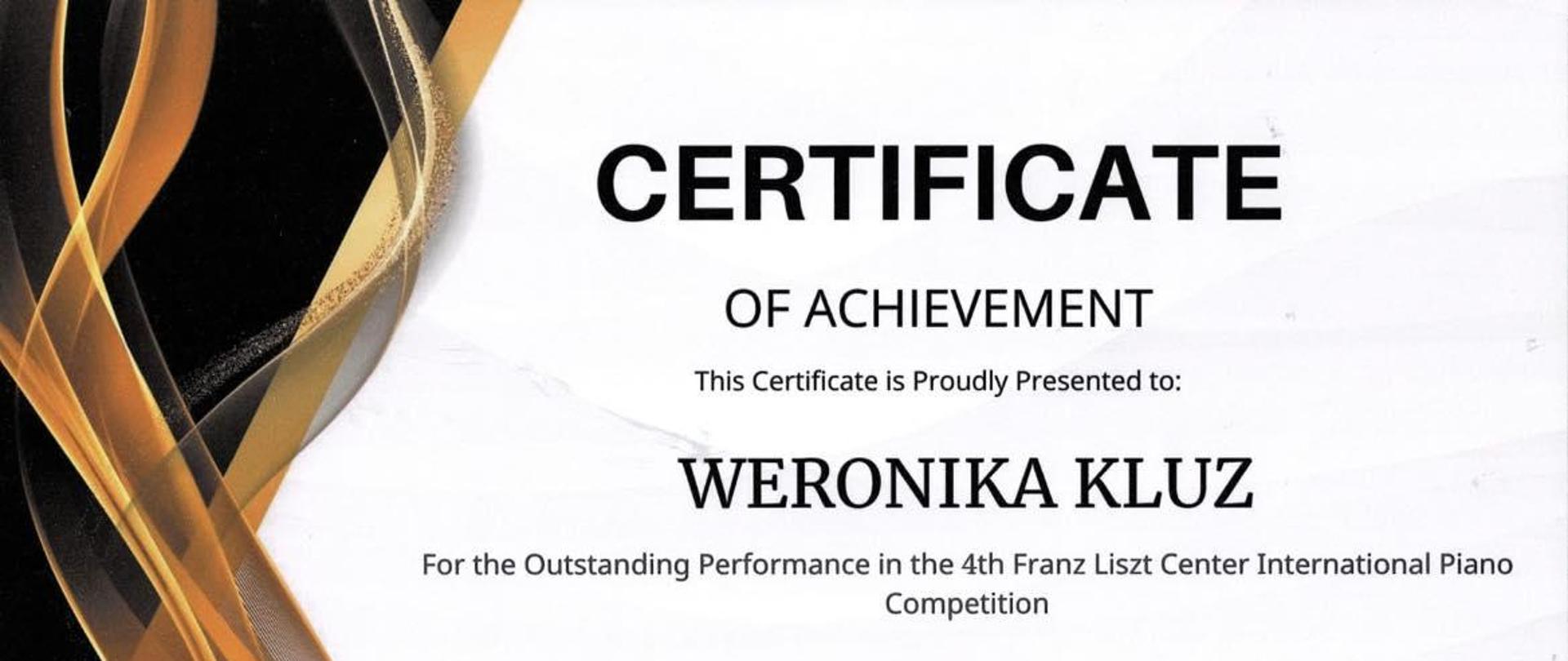 Dyplom dla Weroniki Kluz