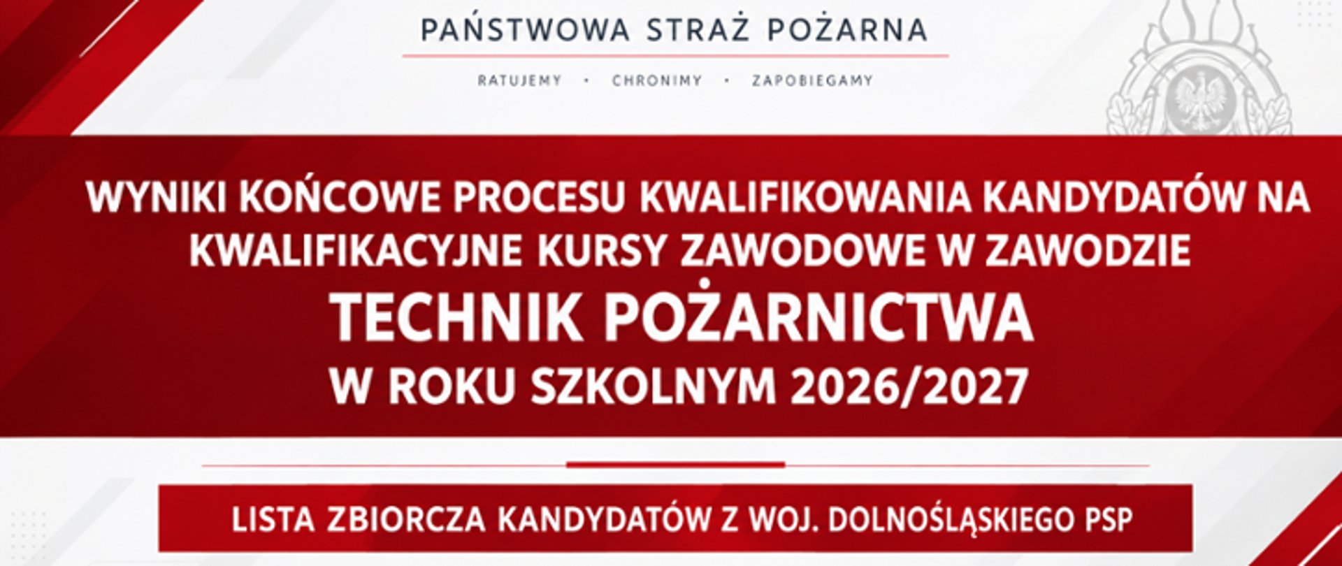 Baner informacyjny Państwowej Straży Pożarnej z napisem: Wyniki końcowe procesu kwalifikowania kandydatów na kwalifikacyjne kursy zawodowe w zawodzie technik pożarnictwa w roku szkolnym 2026/2027. Lista zbiorcza kandydatów z woj. dolnośląskiego PSP.