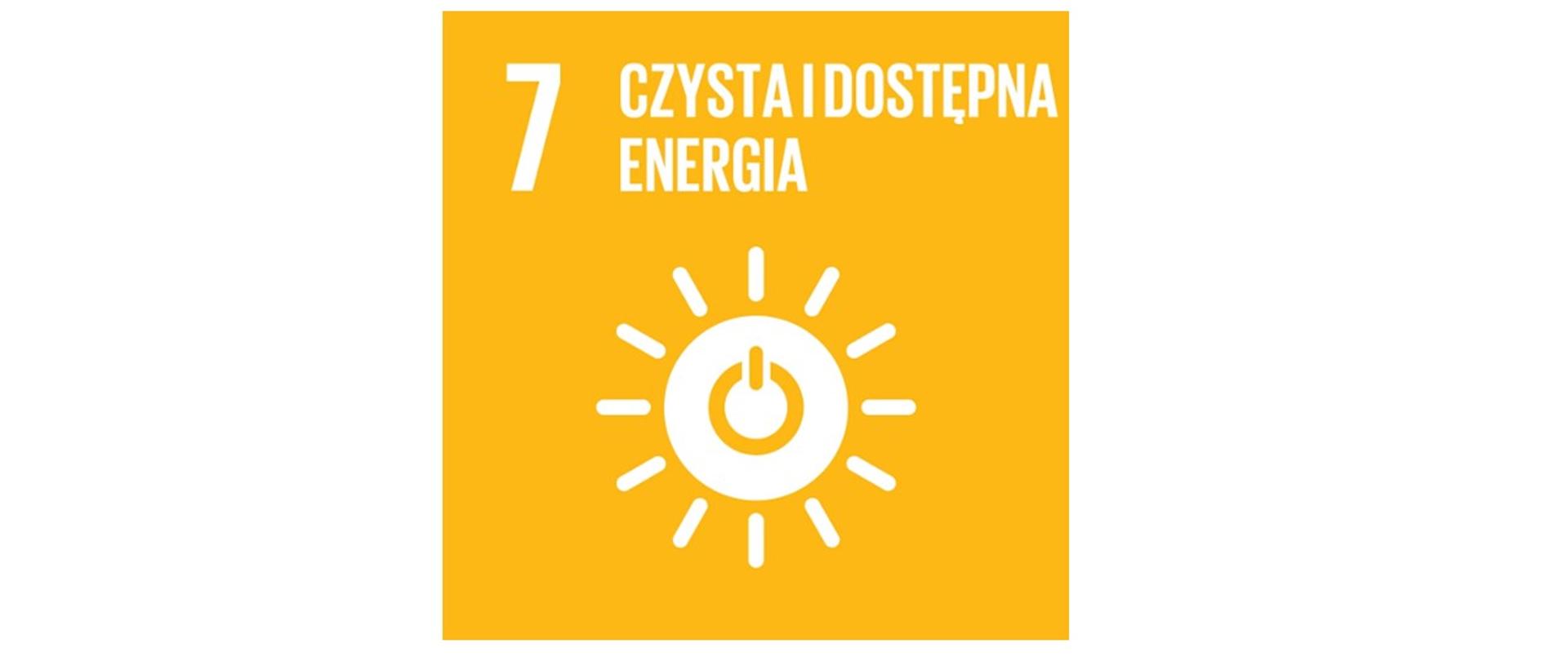 Na zdjęciu widnieje białe słońce na żółtym tle, co odpowiada celowi 7 – „Czysta i dostępna energia”.