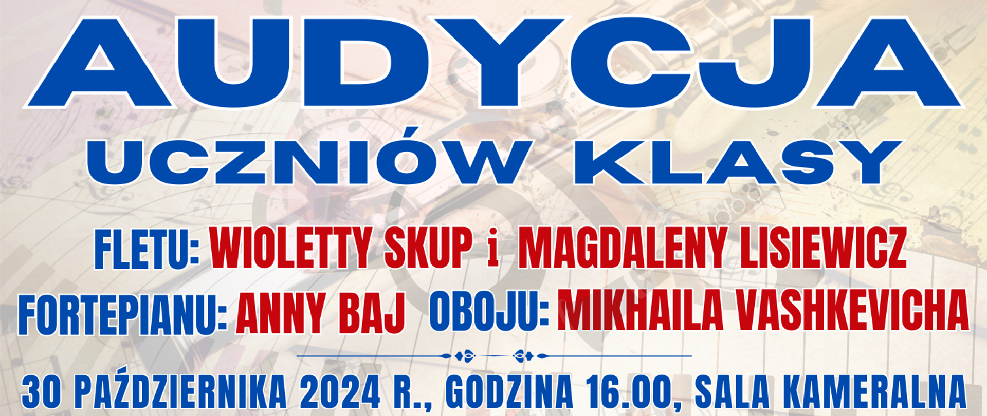 kolorowe tło z fletem poprzecznym leżącym na nutach i klawiaturą fortepianu oraz informacja o wydarzeniu