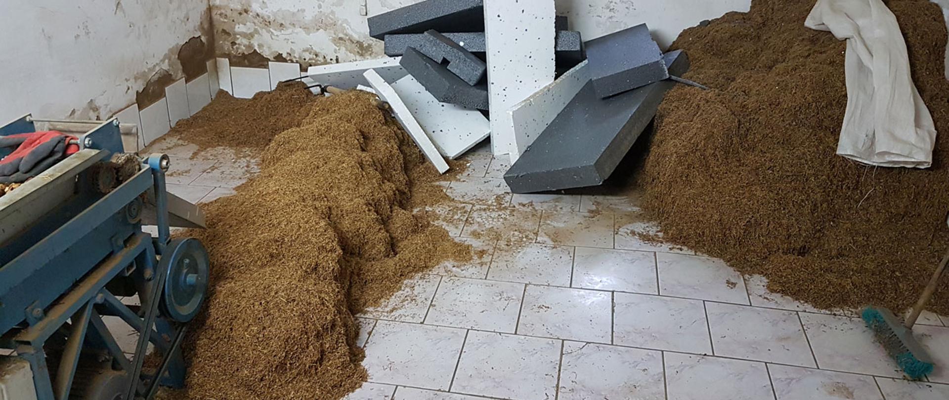 Bok maszyny do produkcji tytoniu, rozsypany na podłodze tytoń i styropian.