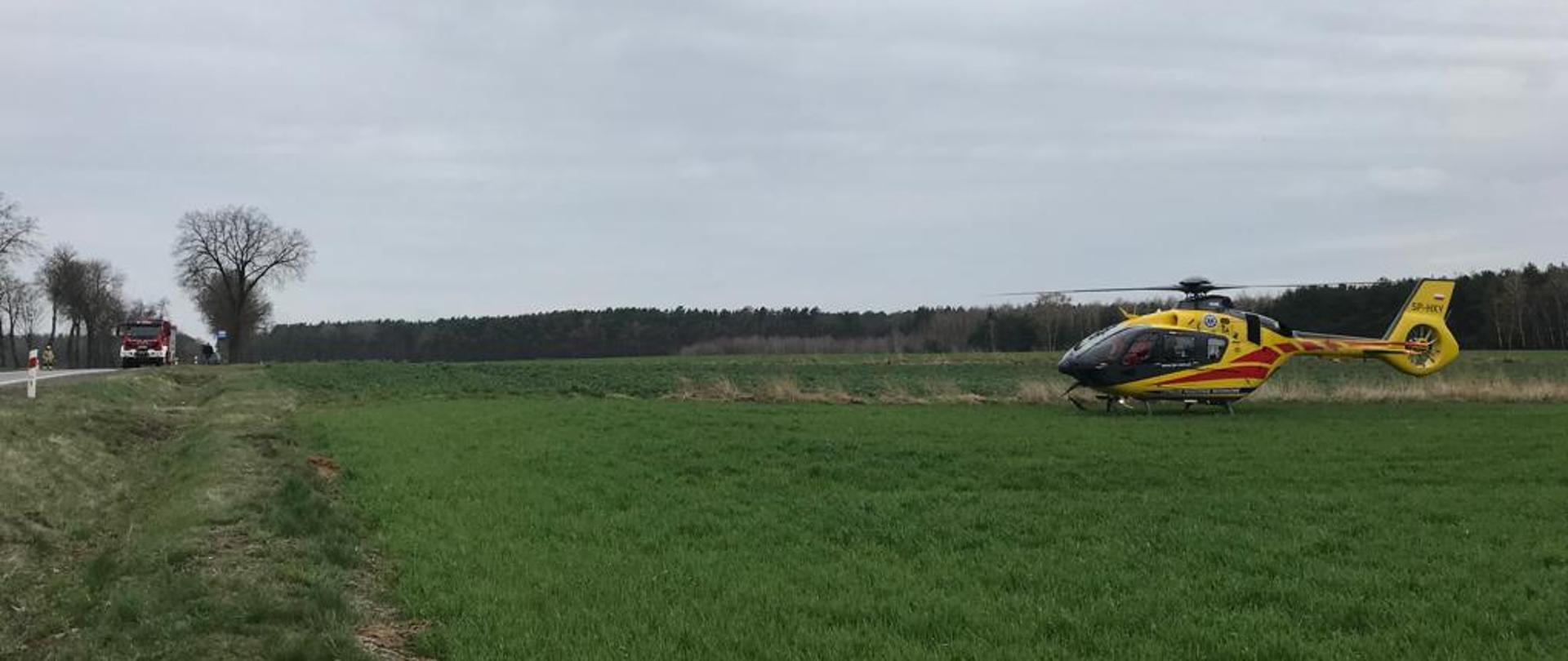 Śmigłowiec LPR wylądował na łące. Na drodze obok stoi samochód strażacki
