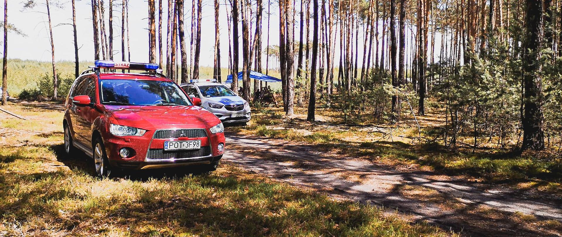 Samochód operacyjny straży pożarnej i radiowóz policji stoją w lesie na drodze dojazdowej.